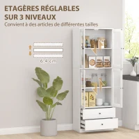 HOMCOM Buffet haut cuisine, armoire de cuisine avec portes vitrées, tiroirs et étagères réglables, 59x30x170cm, blanc brillant(m-5)