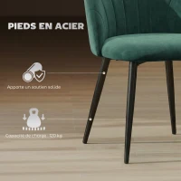 HOMCOM Lot de 2 chaises de salle à manger, chaises de cuisine rembourrées sans accoudoirs, pieds en acier, 52x55x79cm, vert(m-5)