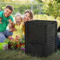 Outsunny 300L Garden Composter Polypropylene Compost Bin 48 Vents 60.5 x 60.5 x 81.5 cm Black(m-2)
