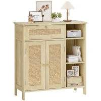 HOMCOM Sideboard, storage cabinet, 2 rattan doors, drawer, open niches, adjustable shelves, 75x30x79.5cm, natural wood(m-6)