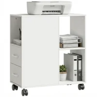 HOMCOM Măsuță Minimalistă pe Rotile cu 2 Sertare, Compartiment Deschis și Raft Reglabil, din Lemn, 60x30x65 cm, Alb(m-11)