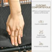 Outsunny Divano da Giardino 2 Posti in Rattan PE e Acciaio con Cuscini e Braccioli, 132x72x83 cm, Nero(m-7)