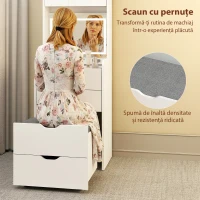 HOMCOM Masă de Toaletă pentru Machiaj cu Oglindă Iluminată și Taburet, Lumină Reglabilă, Sertare și Dulap, Alb(m-8)