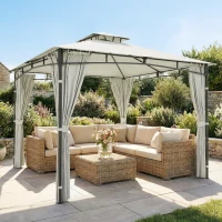 Outsunny Tonnelă de grădină pentru exterior Cadru de acoperiș retractabil și acoperiș dublu UV50+ Impermeabil 3x3 m Crem(m-2)