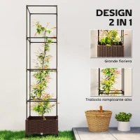 Outsunny Fioriera Rialzata con Traliccio 20L, Ruote Bloccabili e Sistema di Autoirrigazione, Marrone(m-4)