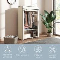 HOMCOM Armario de Tela Plegable Ropero Portátil con 6 Estantes y 1 Barra de Colgar para Dormitorio 103x43x162,5cm Crema(m-6)