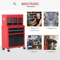 HOMCOM Carrello Porta Attrezzi 2 in 1 con Cassetta Superiore e Armadietto Inferiore, in Metallo, 61.6x33x108 cm, Rosso(m-5)