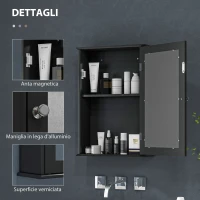 kleankin Mobiletto Bagno Pensile con Specchio e Anta a Chiusura Magnetica, 41x14x60 cm, Nero(m-6)