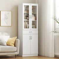 HOMCOM Credenza Cucina con 2 Armadietti e un Cassetto, Mensole Regolabili e Ante in Vetro, 60x35x180 cm, Bianco(m-9)