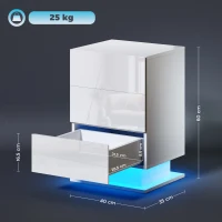 HOMCOM Mesita de Noche con LED RGB 3 Cajones y Mando a Distancia Diseño Moderno 40x35x60 cm Blanco Brillo(m-3)