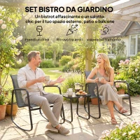 Outsunny Set da Esterno 3pz in Acciaio con 2 Sedie a Dondolo Traspiranti e Tavolino con Piano in Vetro, Grigio e Nero(m-4)