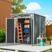 Outsunny Abri de Jardin en Résine Cabanon de Rangement Double Porte 3 Fenêtres et 2 Aérations Anti-UV avec Plancher 3,3 m² Gris(m-10)