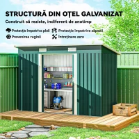 Outsunny Depozit de Grădină 3.18m² din Oțel Galvanizat cu Fante de Aerisire, Spațiu de Depozitare cu Uși Glisante Blocabile, Acoperiș Înclinat, Mănuși, 272x134x182 cm, Verde Închis(m-4)