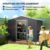 Outsunny Căsuță de Grădină 3.6m² din Oțel Galvanizat cu Guri de Aerisire, Depozit de Grădină cu Uși Glisante Blocabile, Acoperiș Înclinat, Căsuță pentru Unelte, Gri Închis(m-4)