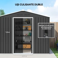 Outsunny Căsuță de Grădină 3.6m² din Oțel Galvanizat cu Guri de Aerisire, Depozit de Grădină cu Uși Glisante Blocabile, Acoperiș Înclinat, Căsuță pentru Unelte, Gri Închis(m-5)