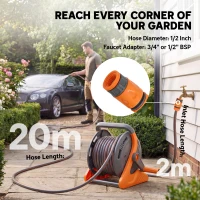 Outsunny Portable Garden Hose Reel, 20+2 m Wall Mounted Hose Reel with 2 Patterns Spray Nozzle and Crank Handle, Orange(m-5)