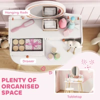 AIYAPLAY Dziecięcy Stolik do Makijażu Zestaw z Taboretem Lustrem Szufladami Drążkami na Ubrania dla 3-8 Lat 56 x 38 x 87,8 cm Biały(m-5)