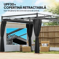 Outsunny Pergolă Gazebo 3x3 m cu Acoperiș Retractabil, 4 Pereți Laterali, Orificii de Drenare, Pergolă din Poliester și Oțel pentru Grădină, Terasă, Exterior, UV30+, Gri Închis(m-4)