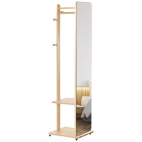 HOMCOM Miroir sur Pied avec roulettes - Portant, 4 patères étagère MDF Aspect Bois Clair(m-11)