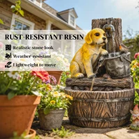 Outsunny Garden Water Feature with 3-Tier Rustic Puppy Design, Freestanding Resin with LED Lights, Adjustable Flow, Rustic Brown(m-7)