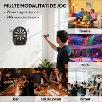 HOMCOM Țintă pentru Darts cu 6 Săgeți, Adaptor, 4 Afișaje LED și 27 de Jocuri, din ABS și PP, 44x51.5x3.2 cm, Negru(m-6)
