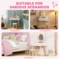 AIYAPLAY Dziecięcy Stolik do Makijażu Zestaw z Taboretem Lustrem Szufladami Drążkami na Ubrania dla 3-8 Lat 56 x 38 x 87,8 cm Biały(m-7)