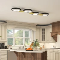 HOMCOM Plafonnier LED 38W, luminaire plafonnier 4 lumières à montage affleurant, télécommande, 100 x 31 x 7 cm, doré et noir(m-10)