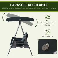 Outsunny Dondolo da Giardino 3 Posti, Tetto con Inclinazione Regolabile, Cuscini, Vassoi Retrattili, Poliestere Filato, Nero(m-5)