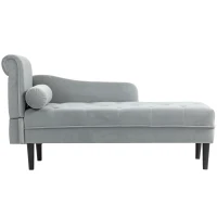 HOMCOM Șezlong cu husă capitonată din catifea gri, din lemn masiv și spumă, 146x61x82.5 cm(m-9)