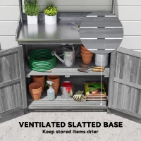 Outsunny Wooden Potting Bench Table with Aluminium Worktop, Outdoor Garden Workbench with Top Shelf and Cabinet Storage(m-6)