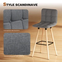 HOMCOM Lot de 2 tabourets de bar, chaises de bar capitonnées avec dossier et repose-pieds, pieds en bois, 41,5x47x97,5cm, gris(m-5)