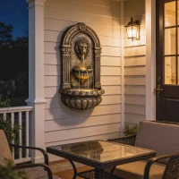 Outsunny Wall-Mounted Water Fountain, 3-Tier Cascading Waterfall with LED Lights and Adjustable Flow for Patio, Rustic Brown(m-9)