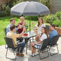 Outsunny Set de Comedor para Jardín 8 Piezas con Sombrilla, Conjunto de Muebles de Jardín con 6 Sillas Plegables, Mesa de Vidrio Templado y Parasól para Patio, Negro(m-5)