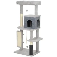 PawHut 132cm Cat Tree w/ Scratching Posts & Pad, Cat Bed, Cat House, Jumping Platform, Grooming Brush, Anti-Tip Kit, Light Grey(m-10)