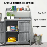 Outsunny Wooden Potting Bench Table with Aluminium Worktop, Outdoor Garden Workbench with Top Shelf and Cabinet Storage(m-4)