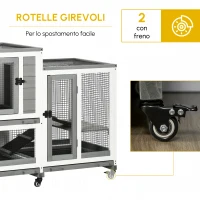 PawHut Conigliera interna in legno con ruote 3 piani rampe, 110L x 50l x 86H cm, grigio e bianco(m-7)