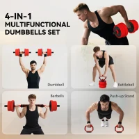 SPORTNOW 20kg 6-In-One Adjustable Weight Dumbbells Set, Barbell, Kettlebell, Push Up Stand - Red(m-4)