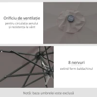 Outsunny Umbrelă de Grădină Reglabilă Ø265 cm cu 32 Lumini LED Solare și Manivelă, Umbrelă de Exterior cu 8 Bare de Sprijin, din Oțel, Poliester, pentru Terasă, Curte, Balcon, Gri(m-5)