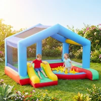 AIYAPLAY Castelo Insuflável para Crianças com Escorrega Cama Elástica Piscina de Bolinhas Jogo de Aros Toldo e Bolsa de Transporte 290x230x200 cm Multicor(m-2)