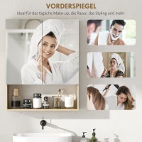 HOMCOM Badezimmerschrank, Spiegeltüren, offenes Regal, Wandmontage, MDF, Spanplatte, Eiche(m-4)