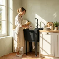 Outsunny Draagbare kampeerwastafel met zeepdispenser, kraan, water- en afvoerslang, zwart(m-7)