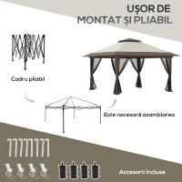 Pavilion Outsunny pliabil 4x4 m cu înălțime reglabilă, plasă de țânțari și geantă, din metal și material Oxford, bej(m-5)