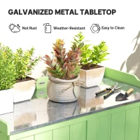 Outsunny Wood Garden Storage Cabinet, Outdoor Tool Shed, Potting Bench Table with galvanised Top and Two Shelves for garden Tools or Pool Accessories, Green(m-5)