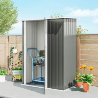 Outsunny Căsuță de Grădină 1.07m² din Oțel Galvanizat, Căsuță pentru Depozitare cu Ușă Blocabilă, Acoperiș Înclinat, 142x86x189 cm, Gri Deschis(m-9)