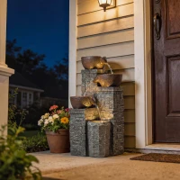 Outsunny 4-Tier Outdoor Fountain, Cascading Waterfall, Garden Fountain with LED Lights, Adjustable Flow, Grey and Rustic Brown(m-9)