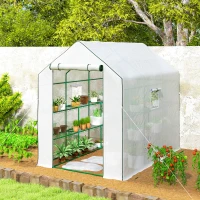 Outsunny Walk-in Greenhouse with 3 Tier 12 Shelves, Small Greenhouse with Reinforced PE Cover, Garden Plant Growhouse with Roll-up Door and Three Mesh Windows, 140 x 213 x 190 cm, White(m-8)