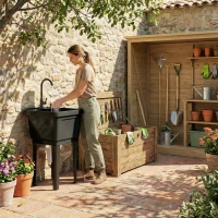 Outsunny Évier de camping portable avec distributeur de savon, robinet, tuyaux d'arrivée et d'évacuation, noir(m-5)