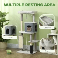 PawHut 132cm Cat Tree w/ Scratching Posts & Pad, Cat Bed, Cat House, Jumping Platform, Grooming Brush, Anti-Tip Kit, Light Grey(m-4)