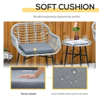 Outsunny Set Mobilier de Gradina din Ratan PE de 3 Piese, Salon in Aer Liber cu 2 Scaune si Masa cu Blat de Sticla pentru Terasa si Bistrò, Gri(m-4)