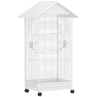 PawHut Jaula para Pájaros con Ruedas 79x65x155 cm Jaula Grande con 2 Comederos 8 Perchas y Bandeja Extraíble Blanco